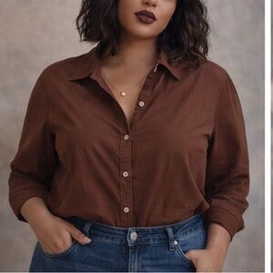 Chico’s Additions Chocolate Brown Button Up Blouse 2 L Boho Lagenlook Modest